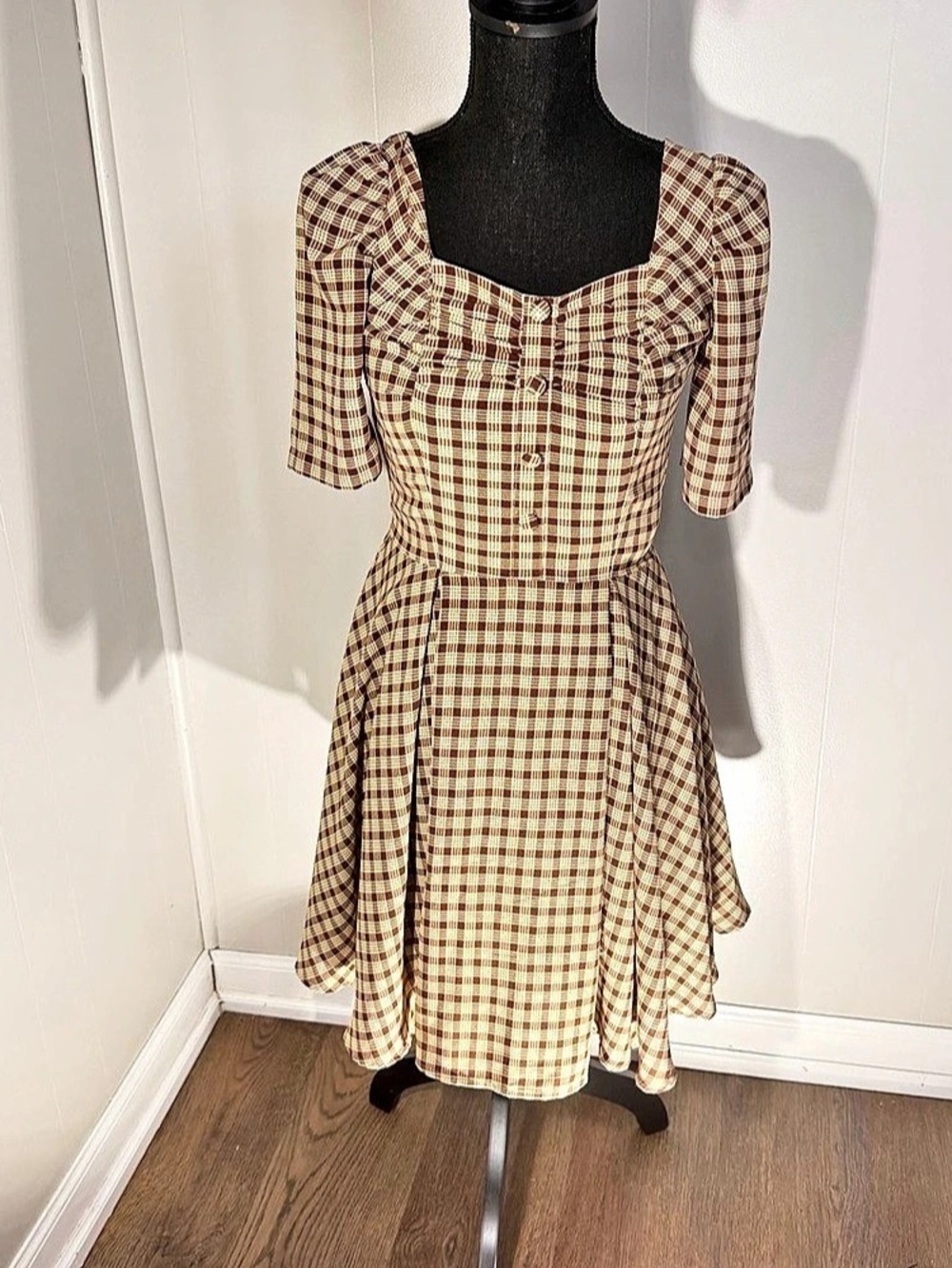 Like Plaid Mini Dress in Brown & Cream Size Medium New